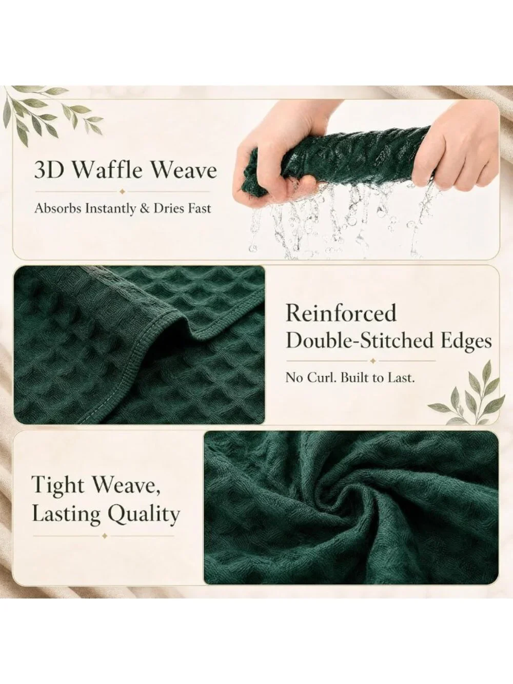 6 Pcs Dark Green Waffle Weave Hand Towels - Soft, Absorbent, Quick Dry, Boho